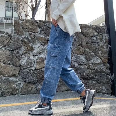 Women Jeans Jogger Pant Elastic Waist Solid Denims Trousers with Flap Pocekts