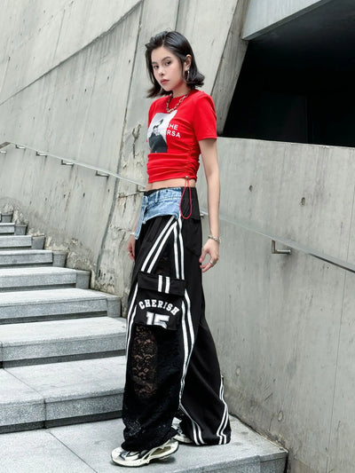 Wide Leg Pants Women Floor Length Patchwork Lace Denim Stripe Print High Waist Multiple Pockets 2025 Streetwear Cargo Trousers
