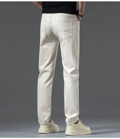 2024 New Summer Thin Men's Straight Denim Cotton Stretch Creamy-white Jeans Classic Business Pants Fashion Trousers Male Brand