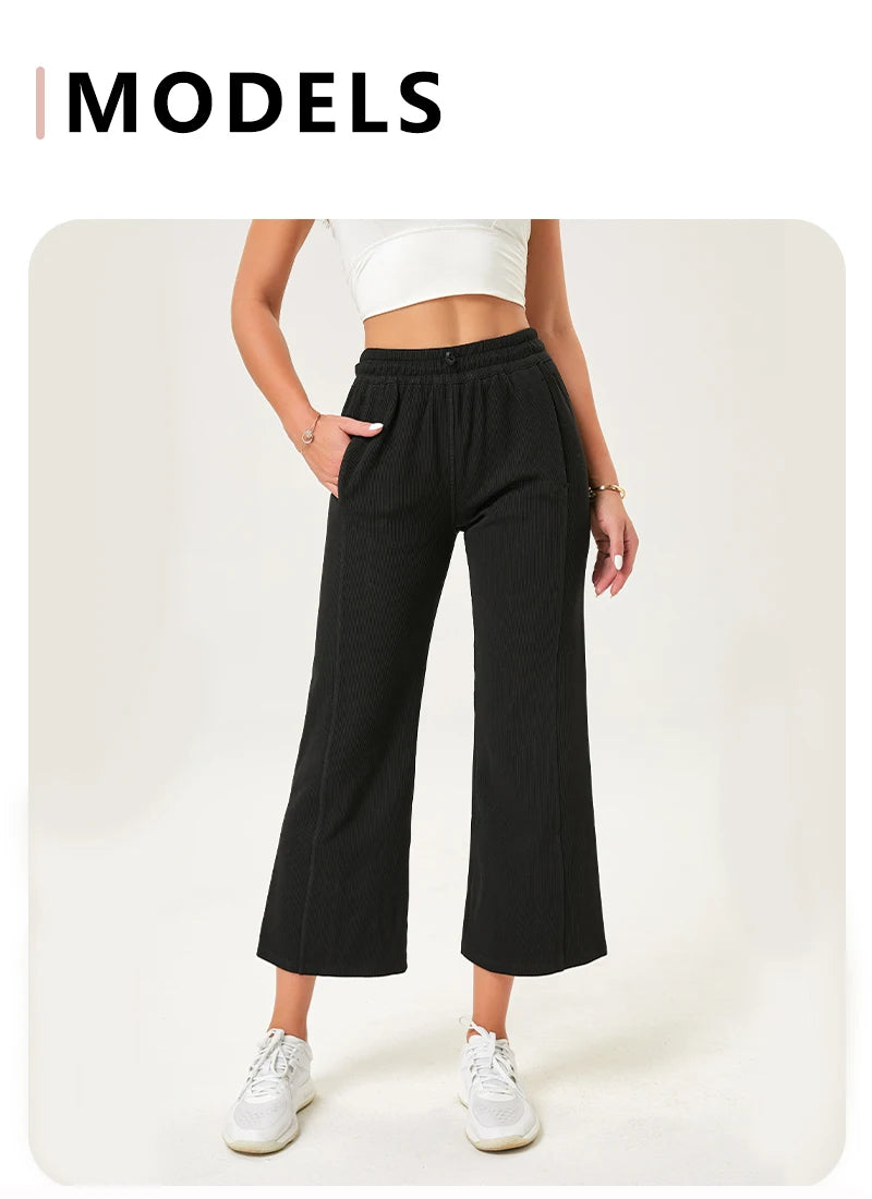 Women's Wide Leg Yoga Ninth Pants High Waisted Joggers Casual Sweatpants Pockets Sports Clothes Pilates Tracksuit Baggy Pants