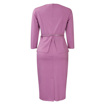 Dress Office Wear for Women Professional Skew Collar Three Quarter Sleeve Belt Waisted Sheath Package Hips Mid Calf Formal Dress