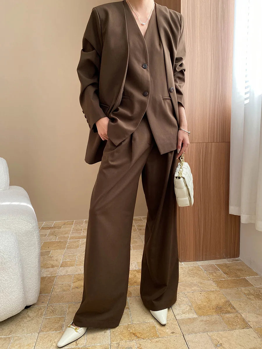 Spring and Autumn Women's Casual Solid Color Loose Jacket+V-neck Vest+Wide Leg Pants Set