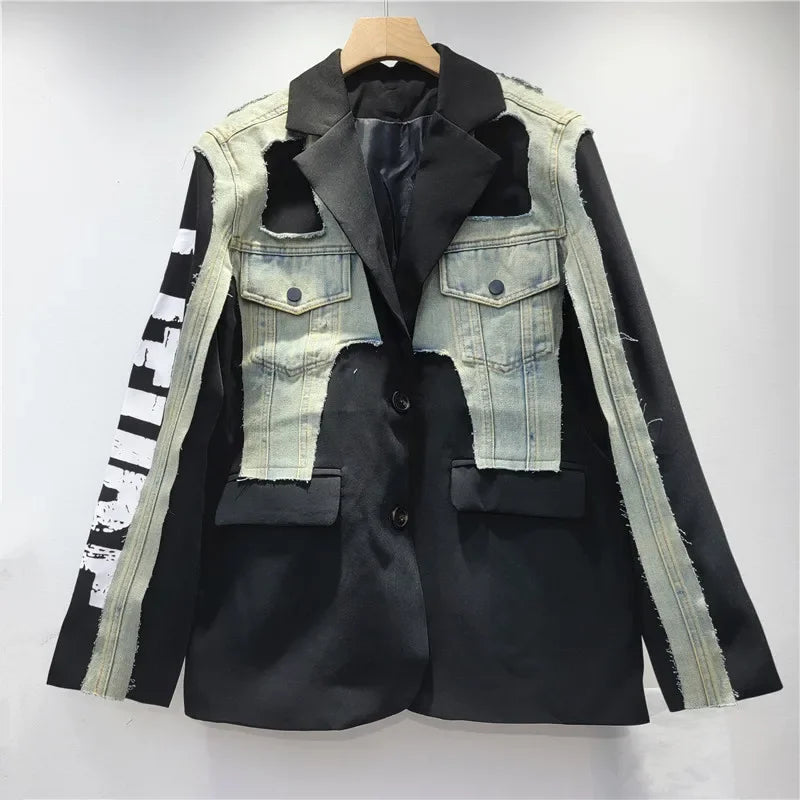 YEAE Women's Blazer Unique Design Patchwork Denim Letters Graffiti Female Black Suit Jackets 2025 New Fashion Spring