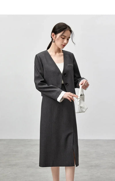SENTUBILA Two Piece Skirt Sets Women Outfits 2025 Spring Office Ladies V Neck Grey Blazer Jackets Straight Slit Skirt 143Z56241
