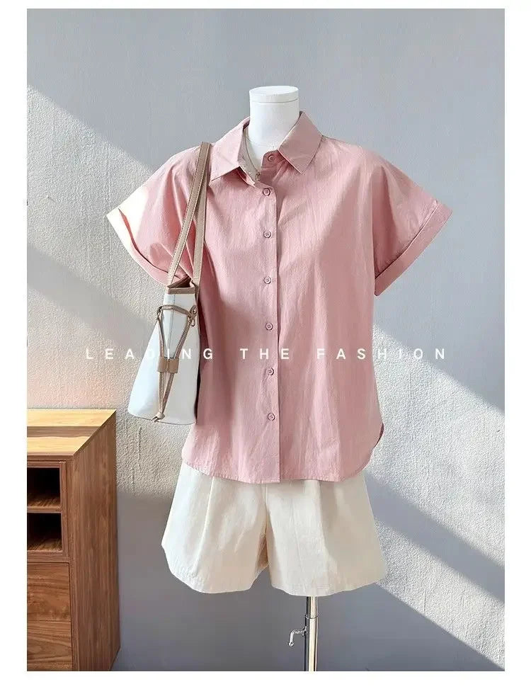 Women Clothing Summer Fashion Casual Button Solid Color Polo Collar Female Simplicity Temperament Appear Thin Short Sleeve Tops