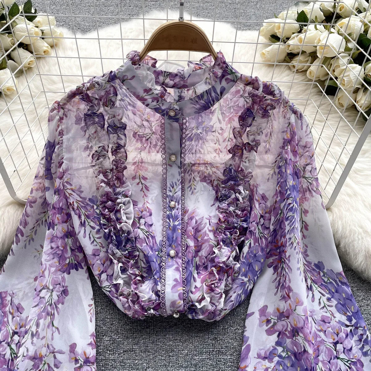 Women Ruffles Lace Floral Print Retro Elegant Button Shirts Summer Fashion Sweet Chic Stand Collar Long Sleeve Blouse Loose Tops