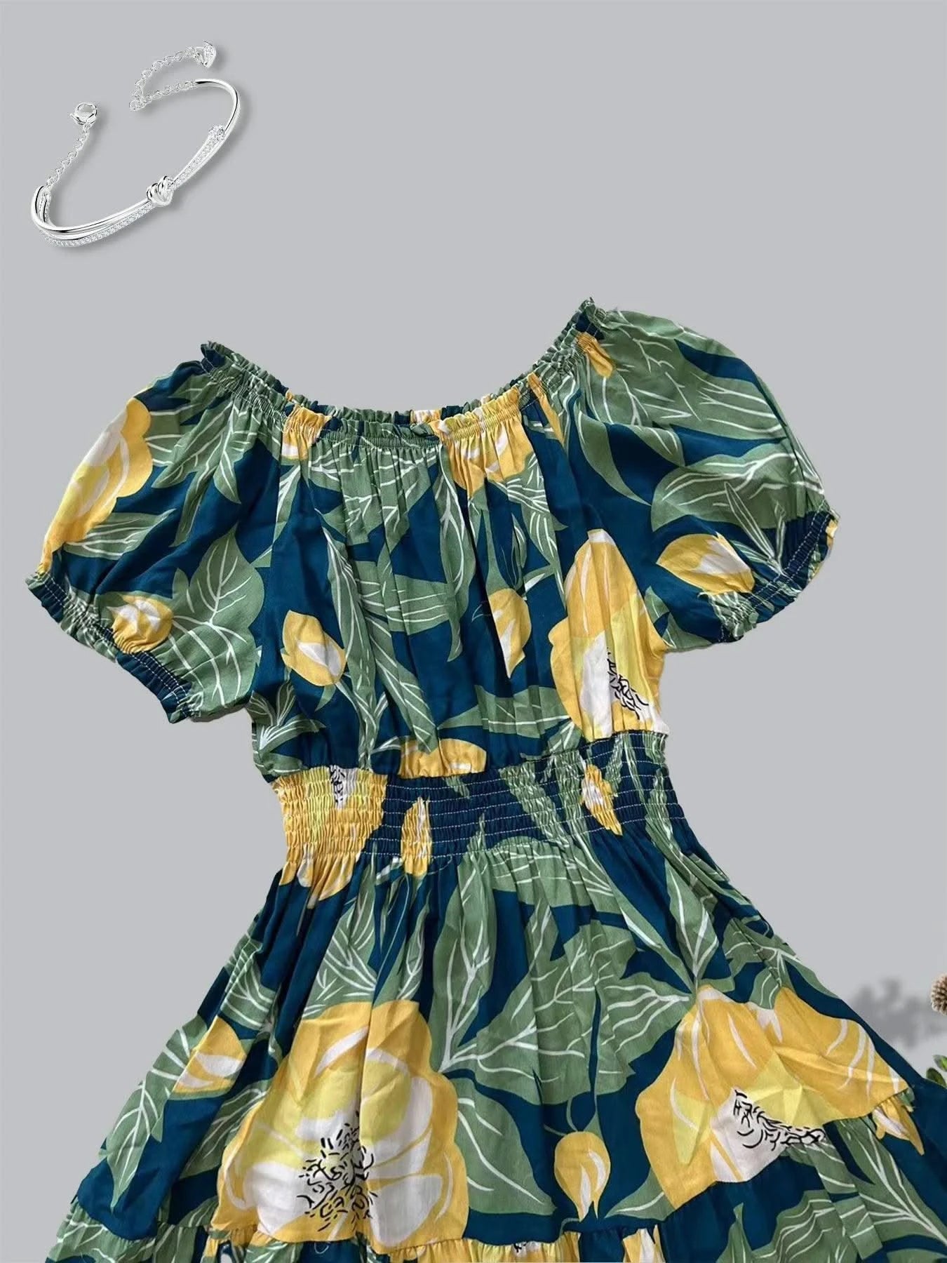 Women's Floral Summer Fashion Women's Print One-line Shoulder Dress Summer Beach Vacation Dress Causul Dress for Women