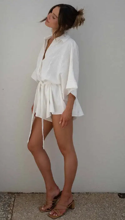 Women's Jumpsuit Spring/summer New Style With Collar Mid Sleeves Waist Strap Fashionable Loose Short Style Solid Color Jumpsuit