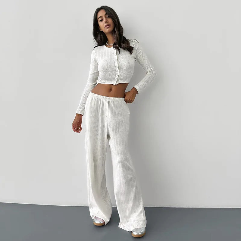 Women Homewear Two Piece Pajamas Set Elegant Long Sleeve Crop Top Wide Leg Pants Suit Outfits Loungewear Sleepwear Pyjamas