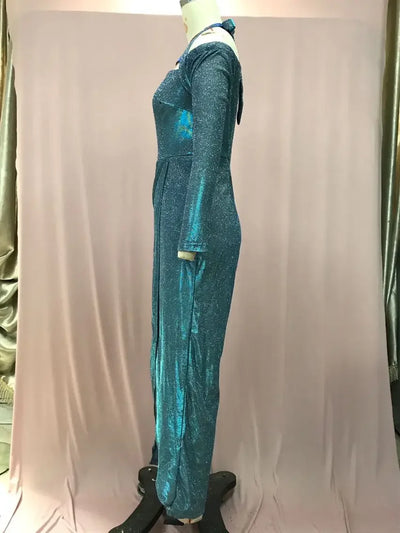 Jumpsuit for Women 2024 Spring Double Sided Sequin Large Skirt with A Bra V-Neck Long Jumpsuits Office Long Pant Swing Jumpsuit