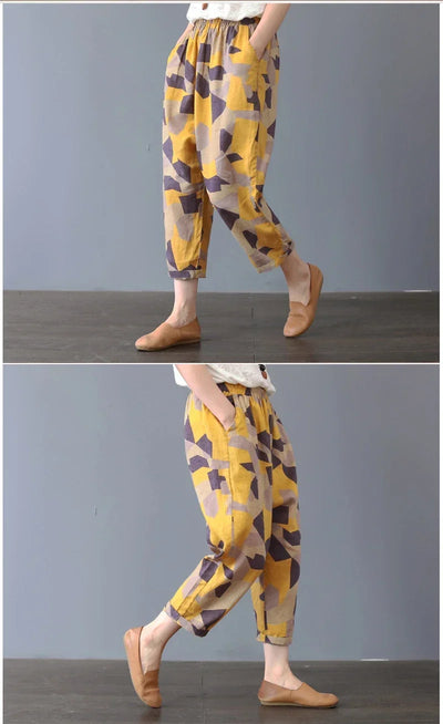 Casual Wide Leg Pants Women Summer Harem Pants for Women Retro Fashion Print Loose Cotton Linen Pants Printed Ankle-Length Pants