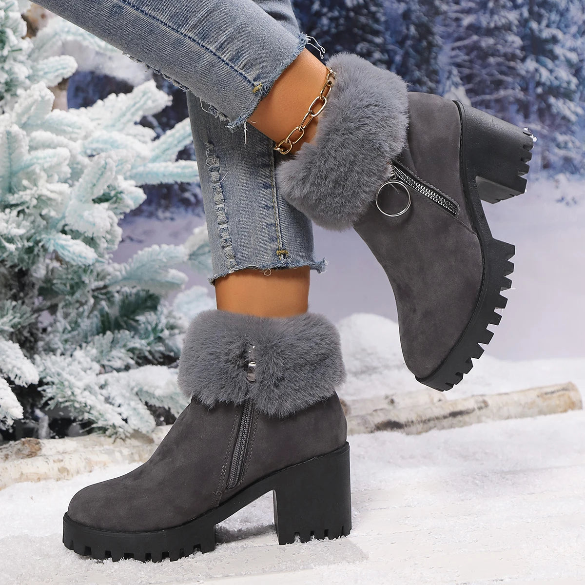 Women's Boots Winter for Ankle Rubber Outsole Warm Cotton Leather Fur Integrated Boots Botas Mujer Platform Ankle Boots Elegant