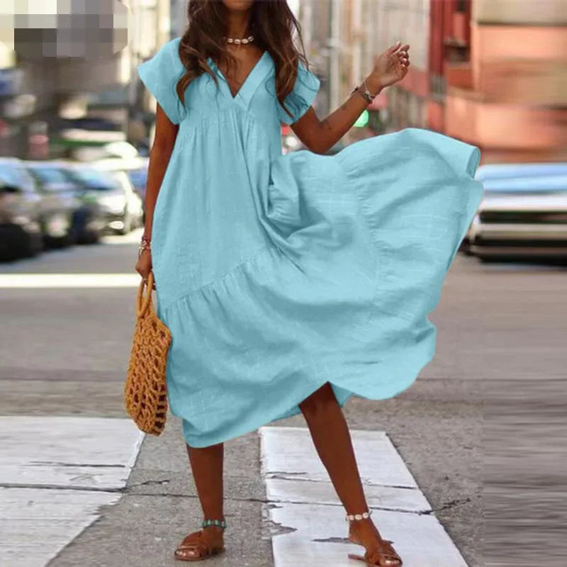Cotton Linen Sexy V-neck Short Dress Summer New Women's Solid Color Multi-color Casual Loose Short Sleeved Mid Length Dress