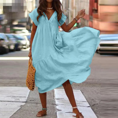 Cotton Linen Sexy V-neck Short Dress Summer New Women's Solid Color Multi-color Casual Loose Short Sleeved Mid Length Dress