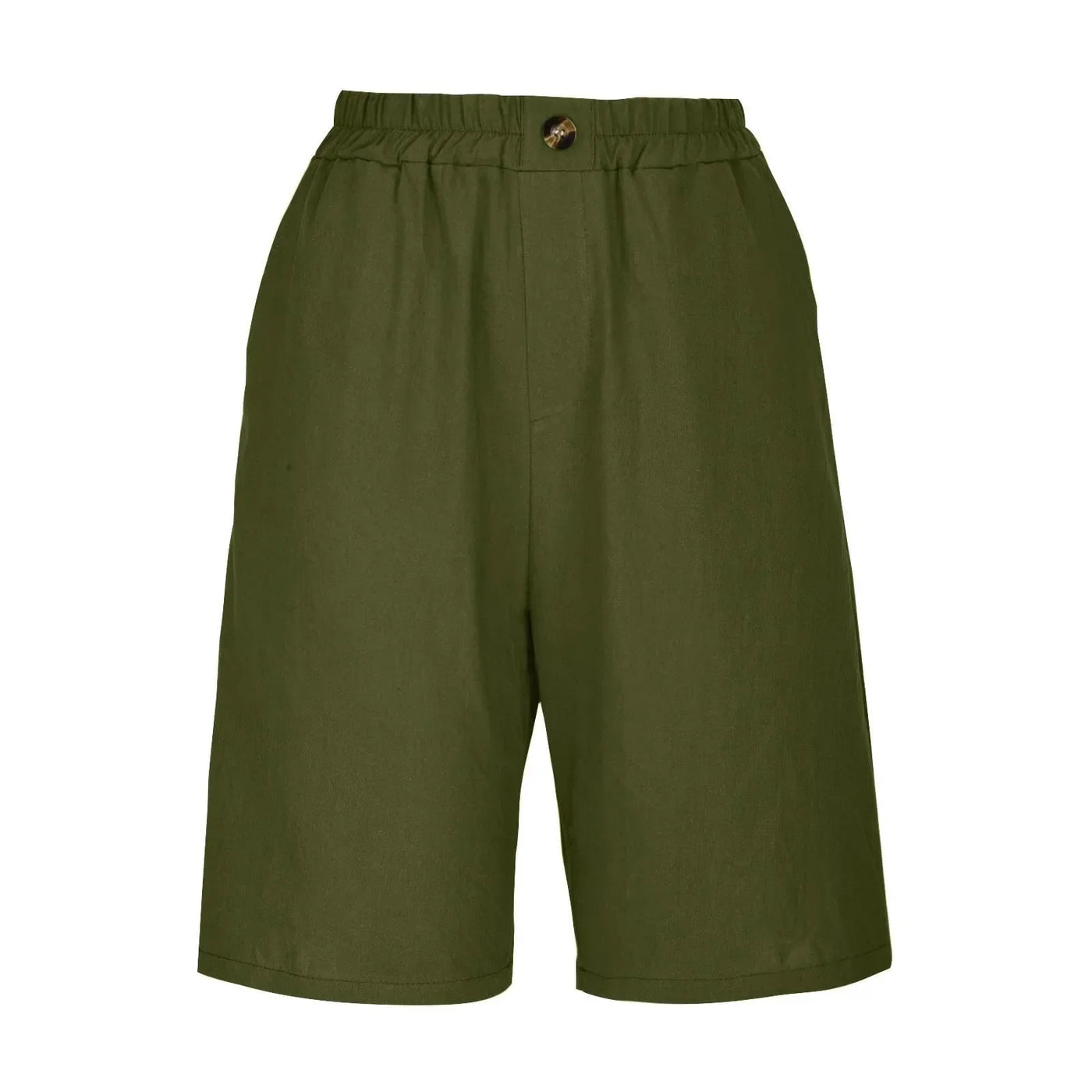 Women's Fashion Solid Color Cotton Linen Shorts - Loose Elastic Waist Capris with Pocket and Button Up Design