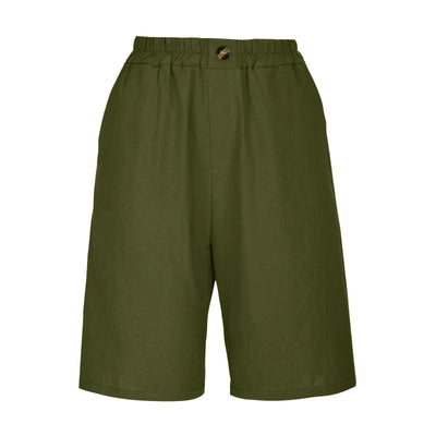 Women's Fashion Solid Color Cotton Linen Shorts - Loose Elastic Waist Capris with Pocket and Button Up Design