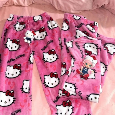 Thicken Hello Kitty Pajama Pants Sanrio Anime Fleece Double Elastic Fabric Soft Trousers Women Trousers Cartoon Birthday Gift