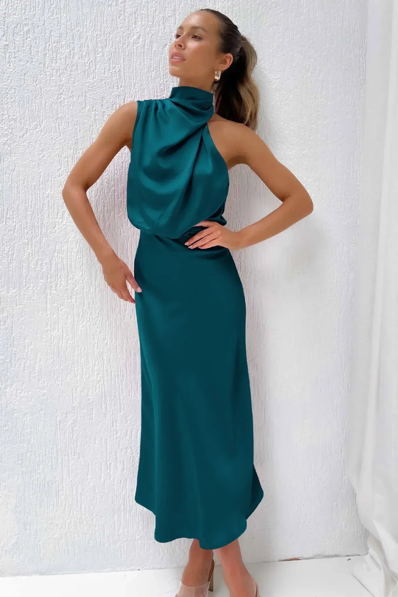 2025 Spring/Summer Long Dress for Women High Waist Halter Satin Sleeveless Dress Fashion Elegant Solid Evening Party Dresses