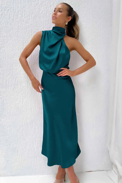 2025 Spring/Summer Long Dress for Women High Waist Halter Satin Sleeveless Dress Fashion Elegant Solid Evening Party Dresses