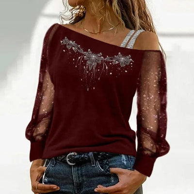 Women Casual Diagonal Collar Long Sleeve Tops