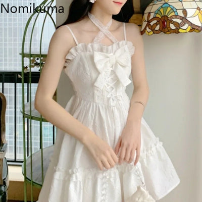 2025 Vestidos De Mujer Cute Summer Dresses for Women Lolita Style Japanese Sweet Robe Femme Bandage Bow Ruffles White Dress