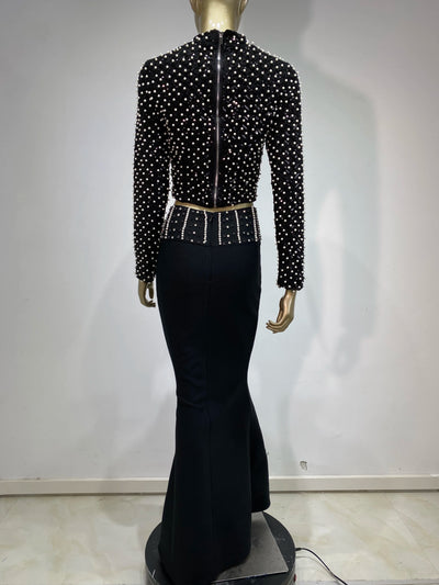 Women Luxury Pearl Sequin Embroidery Bandage Outfits Dress Long Sleeve Crop Top Long Flare Skirt 2 Pieces Set Evening Party