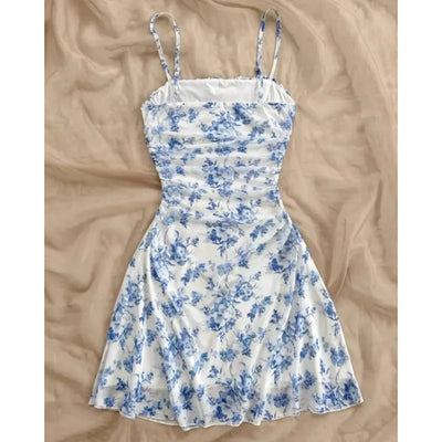 Women's Summer Elegant Floral Mini Dresses Fashion Fold High Waist Slim A-Line Dress Lady Sexy Backless Spaghetti Strap Sundress