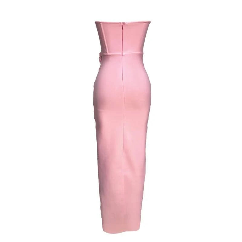 Pink Red Color Women Sexy Strapless Off the Shoulder Florals Bodycon Long Bandage Dress Celebrate Fashion Evening Party Outfit