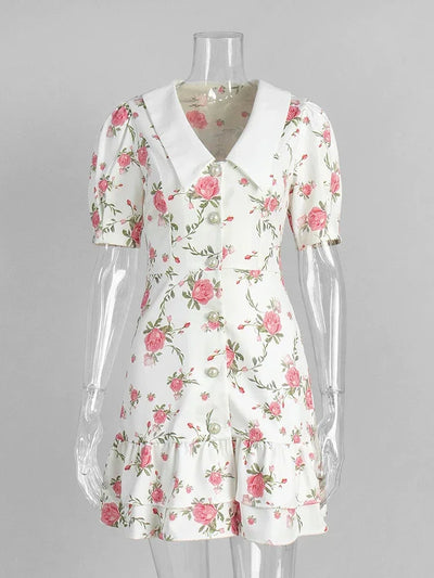 Floral Ruffles Women Dress French V Neck Puff Sleeve Summer Slim Sweet Mini Dress Fresh Chic High Waist A Line Elegant New Dress