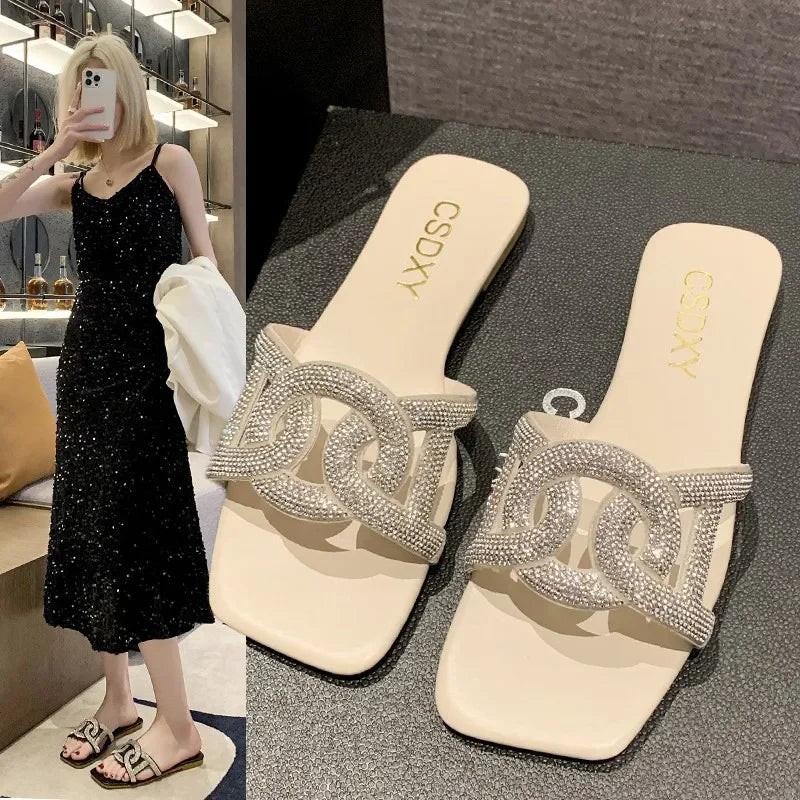Summer Sandals for Women Flat Sandal Sparkle Rhinestone Slide Trendy Women's Beach Sparkly Dressy Slip on Bling Casual Shoes