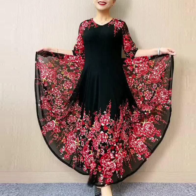 Women's Clothing Stylish Floral Printed Long Dress Summer Short Sleeve Casual Gauze Spliced Elegant V-Neck A-Line Waist Dresses