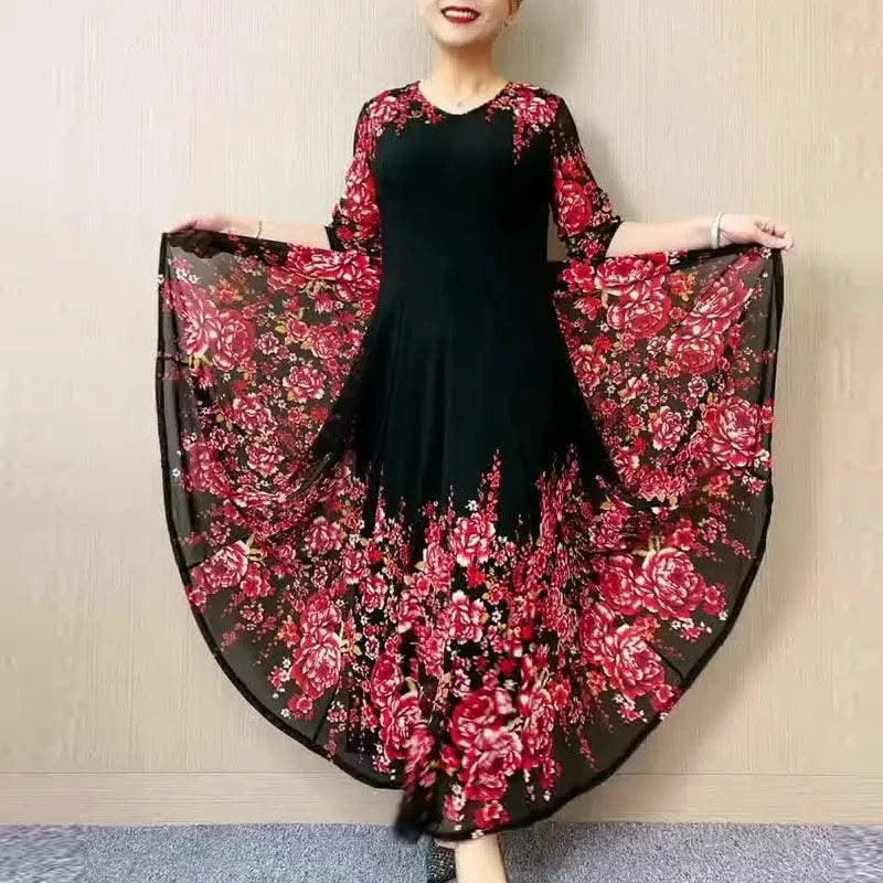 Women's Clothing Stylish Floral Printed Long Dress Summer Short Sleeve Casual Gauze Spliced Elegant V-Neck A-Line Waist Dresses
