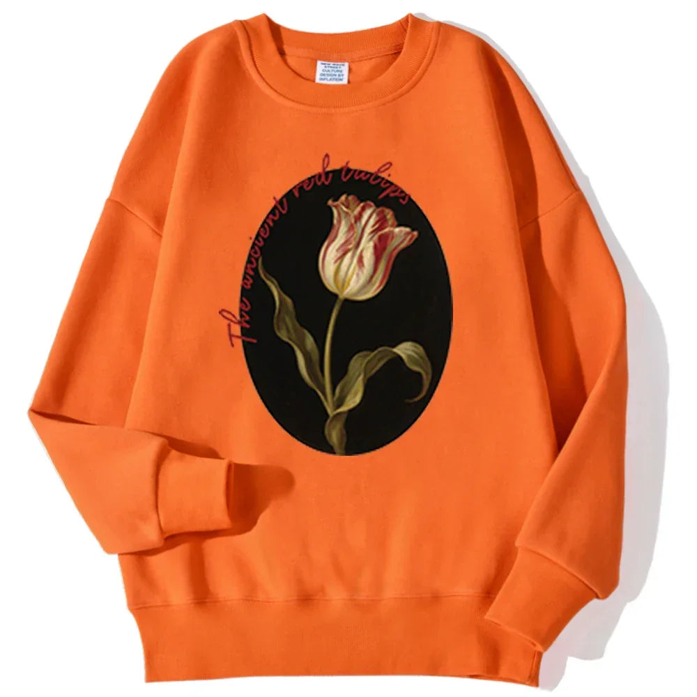 The Ancient Red Twlipws Design Women Sweatshirt Soft Warm Tops Fleece All-Match Pullover Crewneck Casual Sportswear For Woman