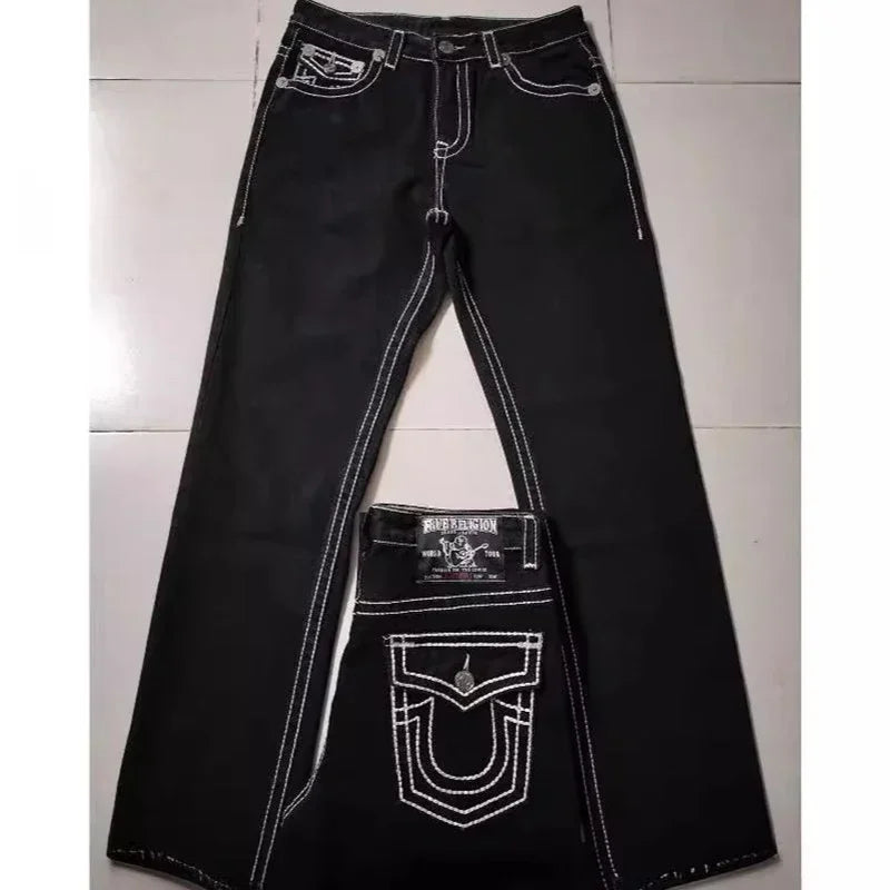 American style trendy jeans men religious Buddha loose denim pants thick line straight leg casual high street jeans men clothing