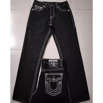 American style trendy jeans men religious Buddha loose denim pants thick line straight leg casual high street jeans men clothing