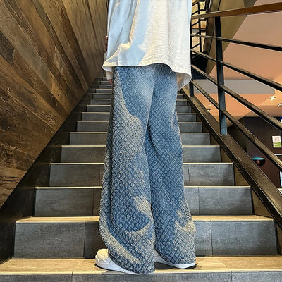 Jeans men Fashion hombre Jacquard Pattern Denim Pants Male Straight Fitting Baggy Bottoms Distressed Wide Jeans For Men