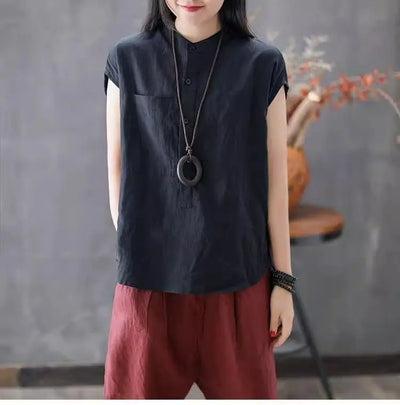 Artistic Style Cotton Linen Short Sleeves Shirt for Women Summer Solid Loose Stand Collar Temperament Top Fashion Women Clothing