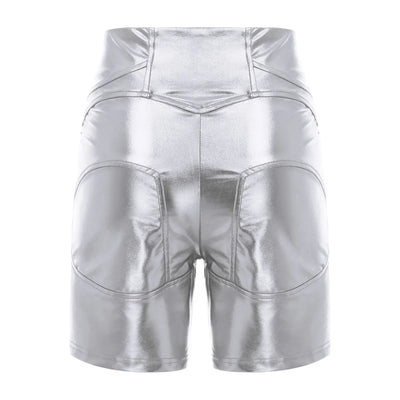 Womens Metallic Shiny Biker Tights Rave Shorts Music Festival Motor Riding Bottoms Front Zipper Pockets Bodycon Shorts Costumes