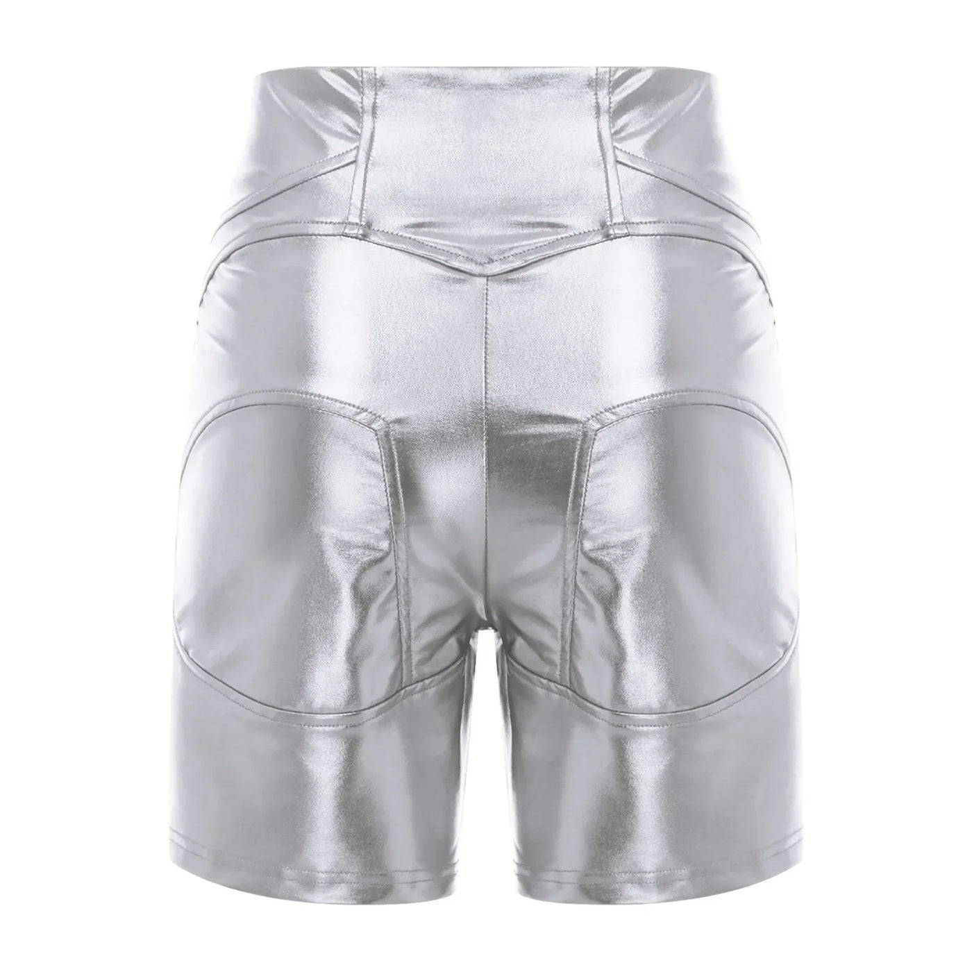 Womens Metallic Shiny Biker Tights Shorts High Waist Front Zipper Pockets Bodycon Short Leggings Motor Riding Dance Shorts