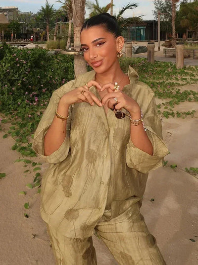 Women's Jacquard Oversized Shirt Trousers Short Sleeves Suit Lapel Shirt High Waist Elastic Straight Leg Pants Chic Female Set