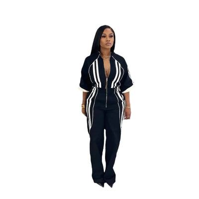 Women Jumpsuits For Spring 3/4 Sleeve Print Stripe Loose Fashion Streetwear Overalls Wide Leg Pants Trousers 2025 Summer
