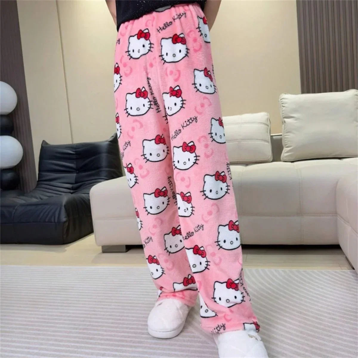 Thicken Hello Kitty Pajama Pants Sanrio Anime Fleece Double Elastic Fabric Soft Trousers Women Trousers Cartoon Birthday Gift