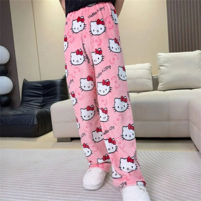 Thicken Hello Kitty Pajama Pants Sanrio Anime Fleece Double Elastic Fabric Soft Trousers Women Trousers Cartoon Birthday Gift