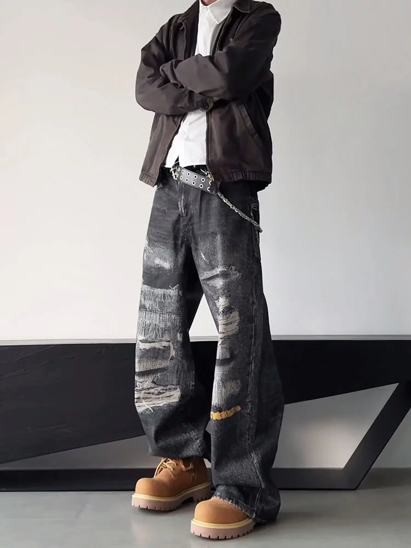 High Street Men's Jeans Trendy Printed Pattern Washed Worn-out Straight Leg Jeans American Style Male Denim Pants Black Jeans