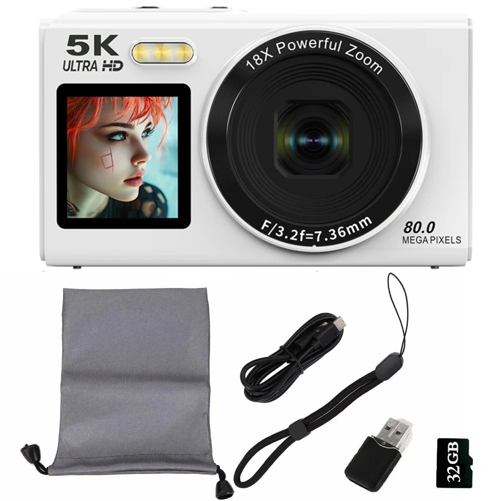 Digital Camera CCD Dual Screen Portable Digital Camera with18X Zoom 5K Vlogging Camera 80MP CCD Selfie Camera with 64GB Card