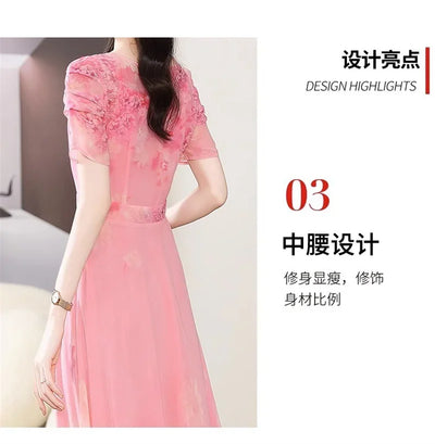 Women's Summer Dress 2025 New Fashion Printed Pink Chiffon Dress O-neck Short Sleeved Long Party Dresses Elegant Women Vestidos