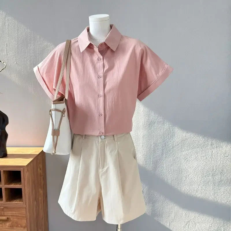 Women Clothing Summer Fashion Casual Button Solid Color Polo Collar Female Simplicity Temperament Appear Thin Short Sleeve Tops