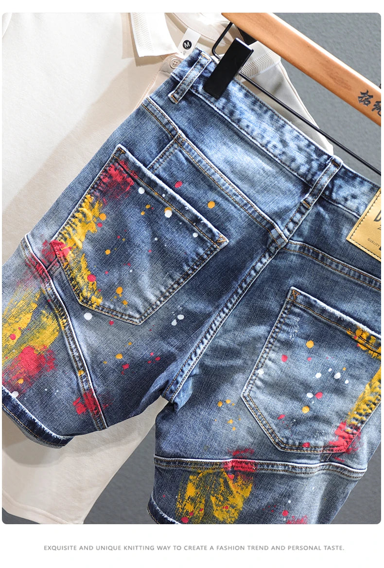 Men Fashion Denim Shorts Jeans New Summer Male Blue Ripped Jeans Shorts High Quality Man Paint Splash Technology Denim Shorts