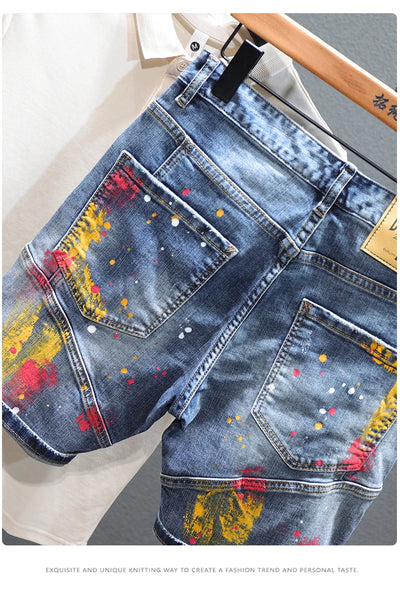 Men Fashion Denim Shorts Jeans New Summer Male Blue Ripped Jeans Shorts High Quality Man Paint Splash Technology Denim Shorts