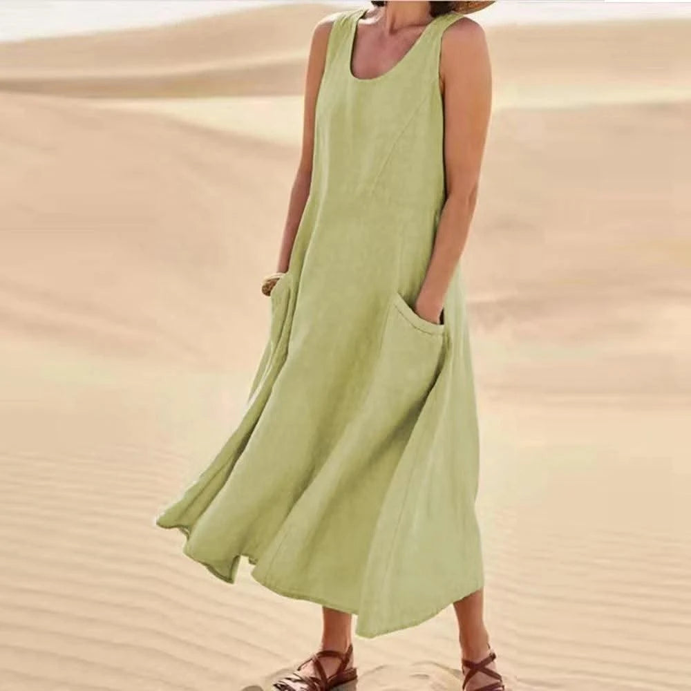 Cotton Linen Sleeveless Dress for Women Summer Pullover Skirt Vestidos Fashion Female Clothing Short Sleeved Loose Long Dress